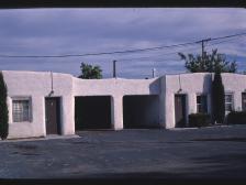 El Vado Motel roadside sign and Pueblo Revival-style building on Route 66, Albuquerque NM — Photo: John Margolies, Library of Congress Roadside America photograph archive, no known restrictions on publication.