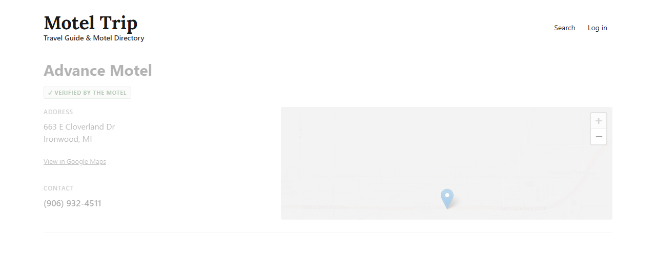 A claimed motel listing showing the verified badge, address, and map