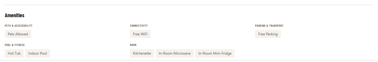 Amenity tags grouped by category on a motel listing